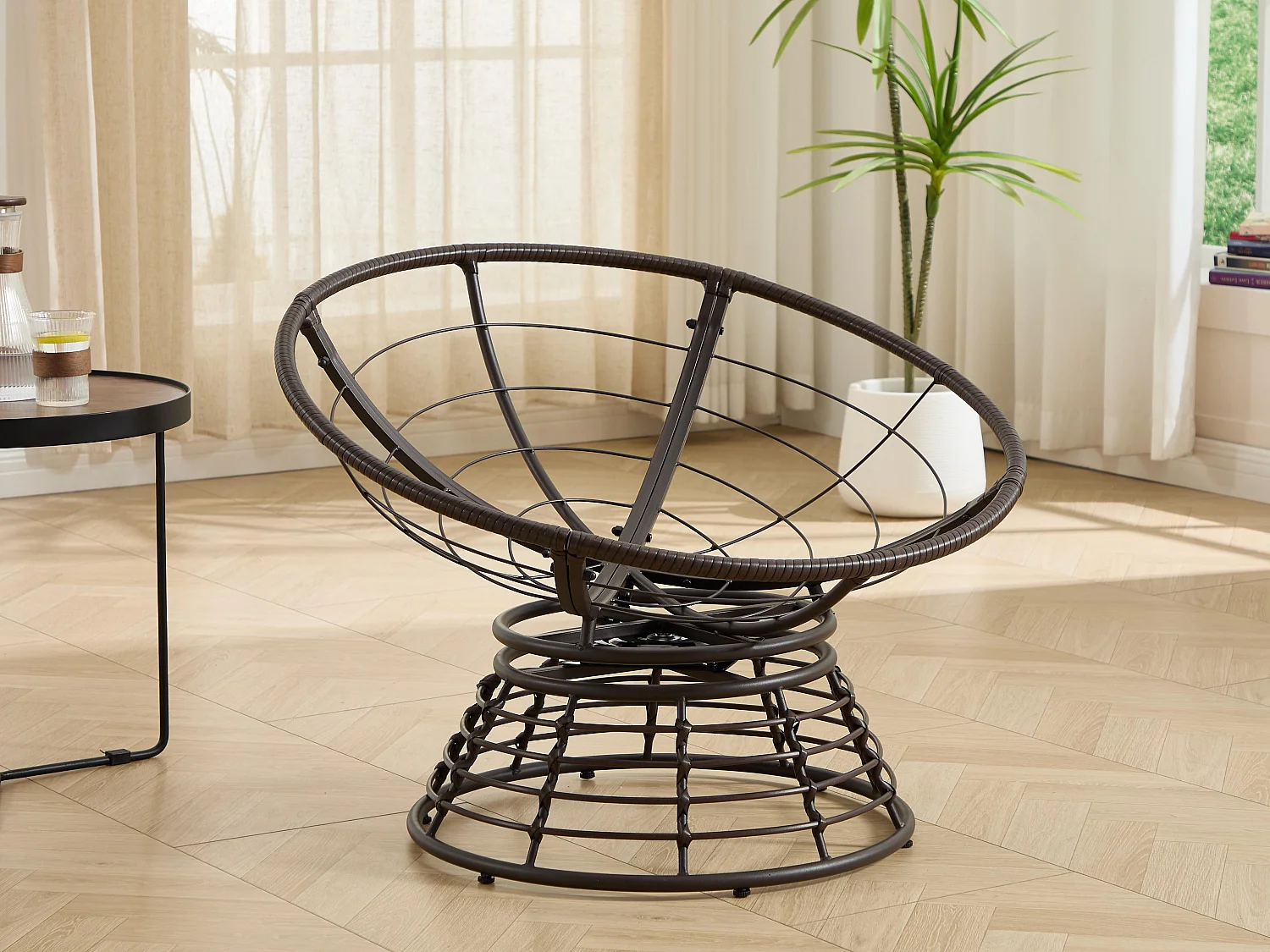 Papasan lounge stoel bohemien stijl, 360° draaibaar, eivormig van PE-rotan met dik kussen voor woonkamer en balkon