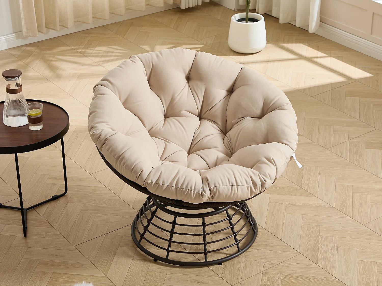 Papasan lounge stoel bohemien stijl, 360° draaibaar, eivormig van PE-rotan met dik kussen voor woonkamer en balkon