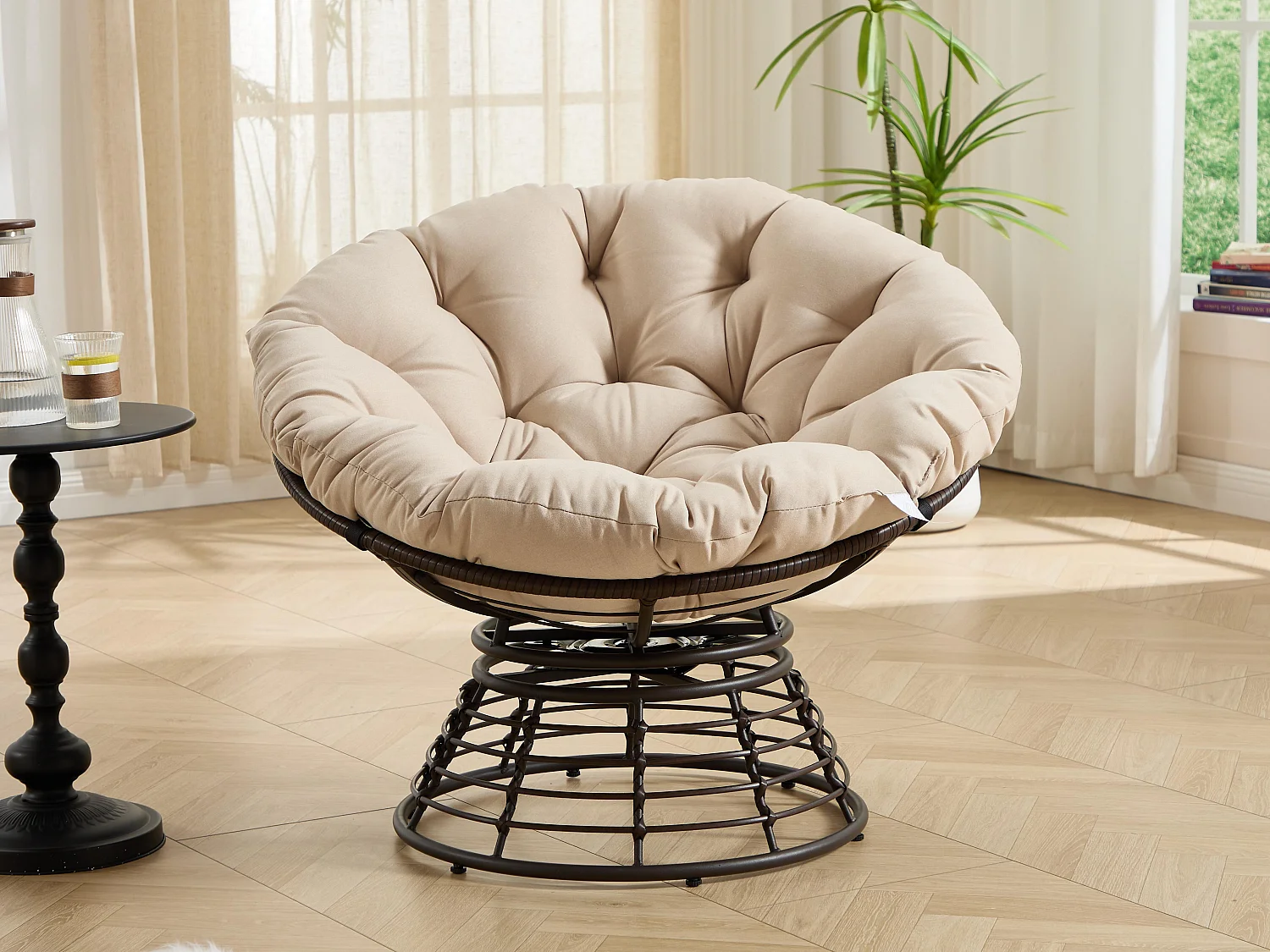 Papasan lounge stoel bohemien stijl, 360° draaibaar, eivormig van PE-rotan met dik kussen voor woonkamer en balkon