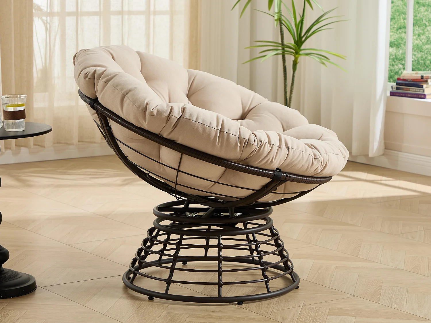 Papasan lounge stoel bohemien stijl, 360° draaibaar, eivormig van PE-rotan met dik kussen voor woonkamer en balkon