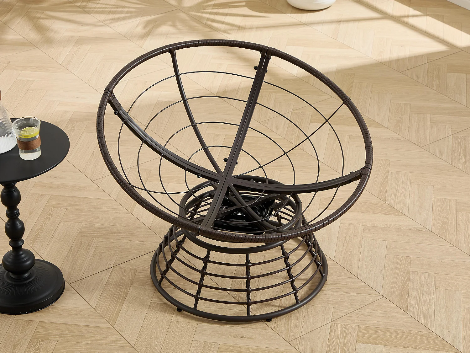 Papasan lounge stoel bohemien stijl, 360° draaibaar, eivormig van PE-rotan met dik kussen voor woonkamer en balkon