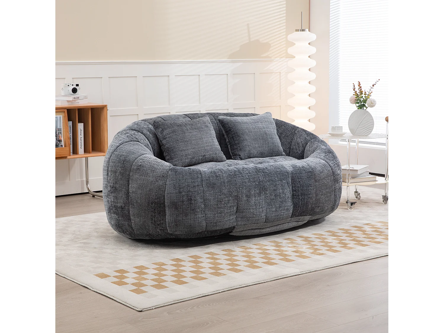 Canapé Compressé 2 places en tissu chenille, en mousse haute densité, avec 2 coussins, Gris