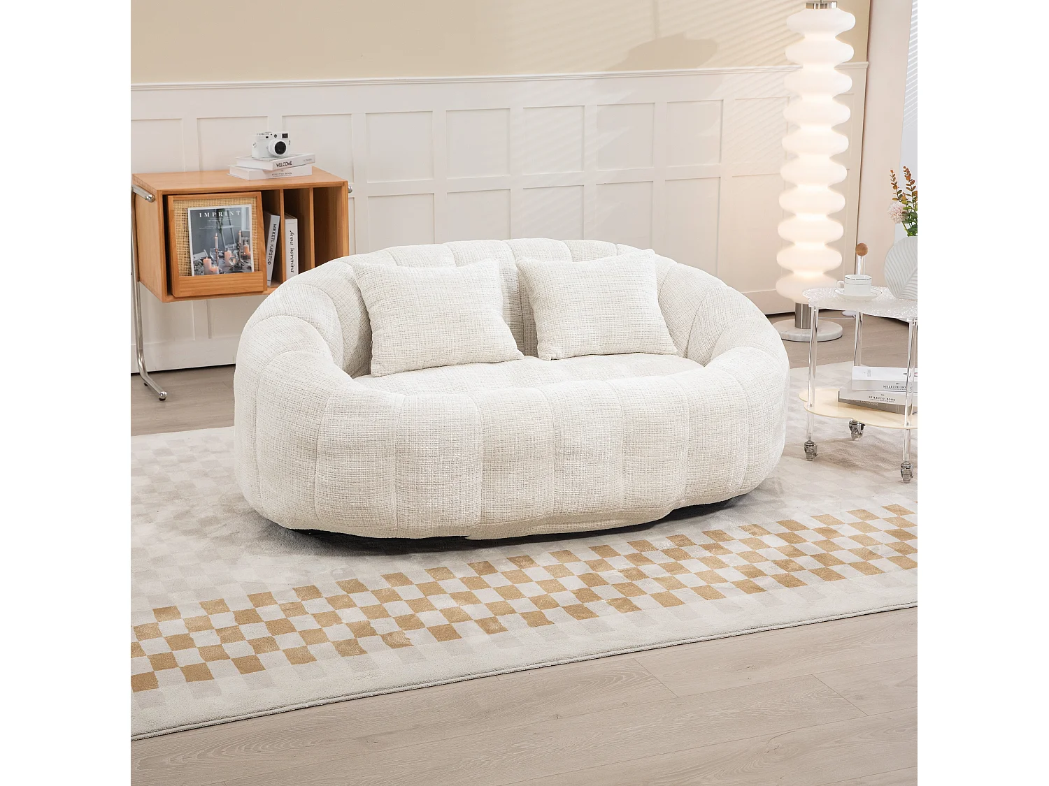 Canapé Compressé 2 places en tissu chenille, en mousse haute densité, avec 2 coussins, Beige