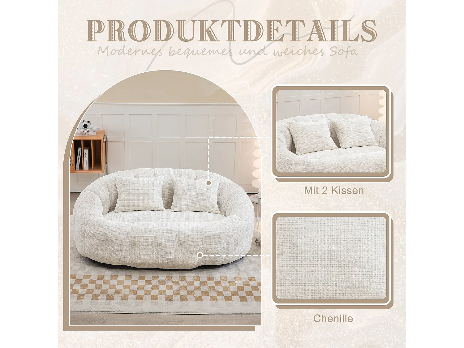 Canapé Compressé 2 places en tissu chenille, en mousse haute densité, avec 2 coussins, Beige