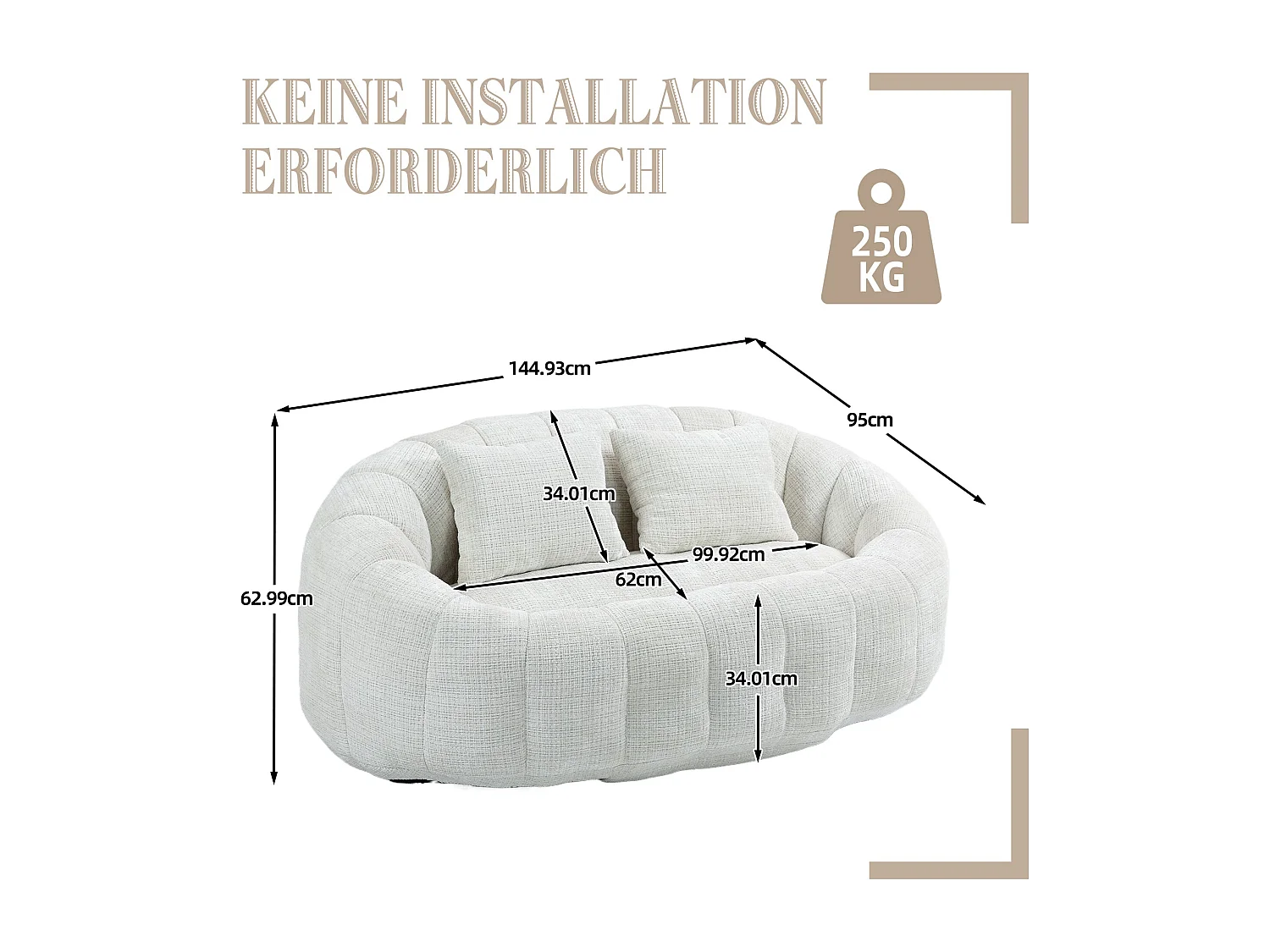 Canapé Compressé 2 places en tissu chenille, en mousse haute densité, avec 2 coussins, Beige