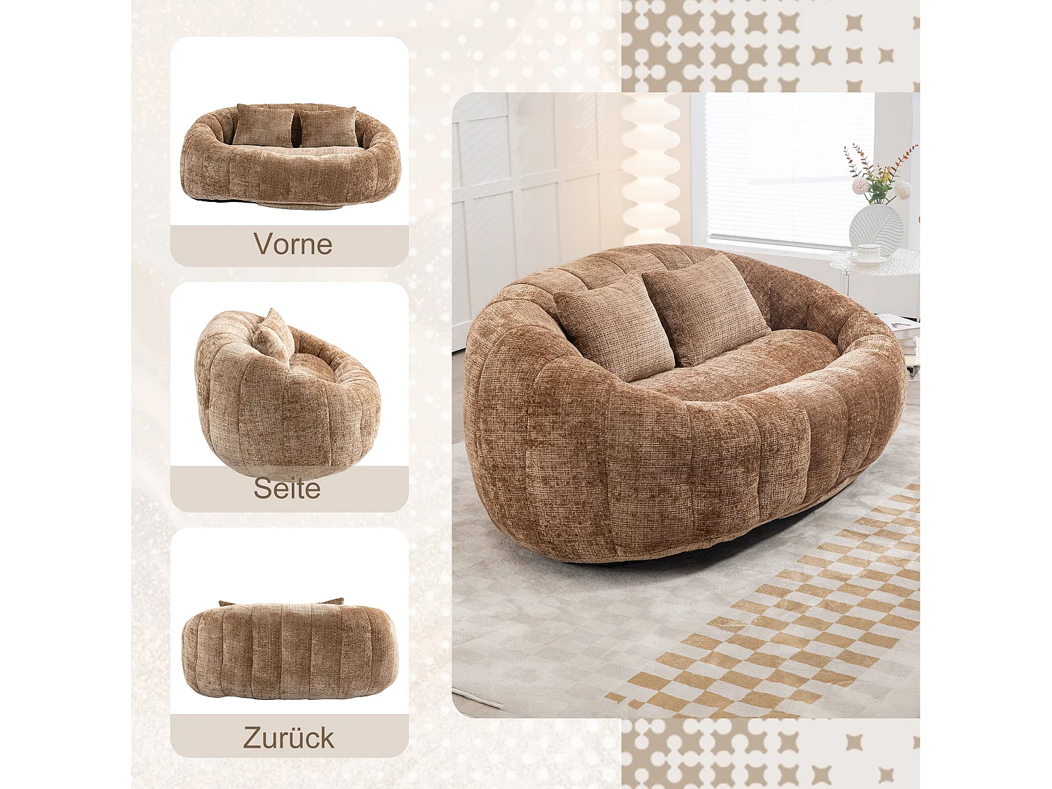 Canapé Compressé 2 places en tissu chenille, en mousse haute densité, avec 2 coussins, Marron