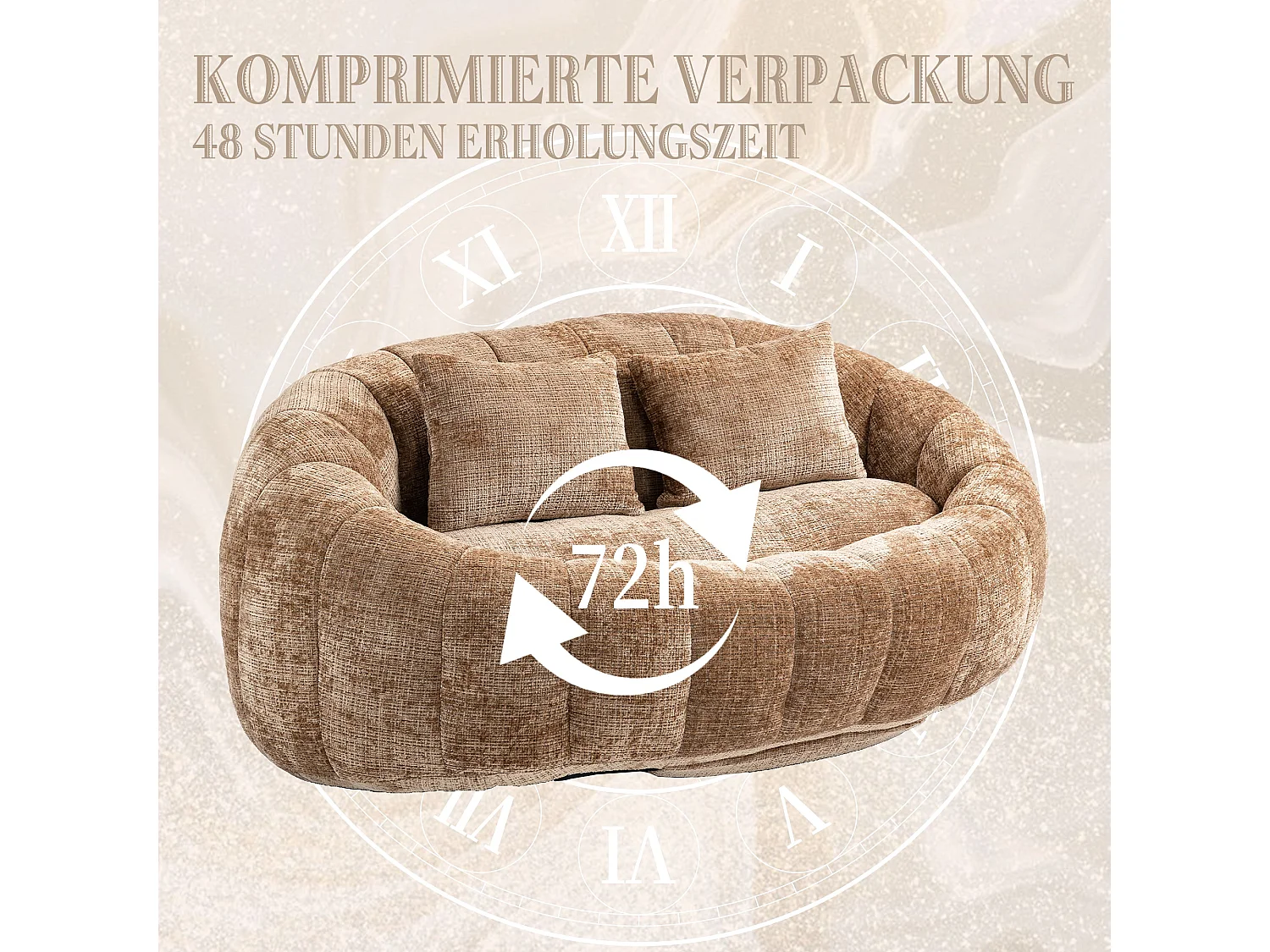 Canapé Compressé 2 places en tissu chenille, en mousse haute densité, avec 2 coussins, Marron