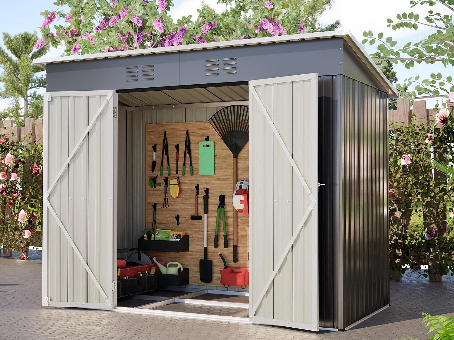 Metalen tuinhuis 229 x 111 cm verzinkt staal, compacte buitenberging met schuifdeur en ventilatie