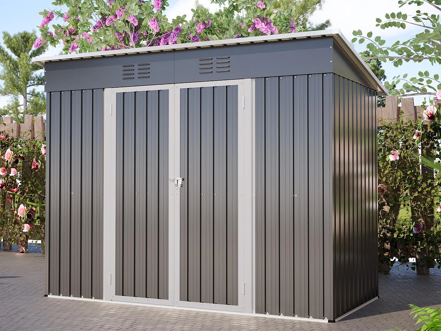Metalen tuinhuis 229 x 111 cm verzinkt staal, compacte buitenberging met schuifdeur en ventilatie