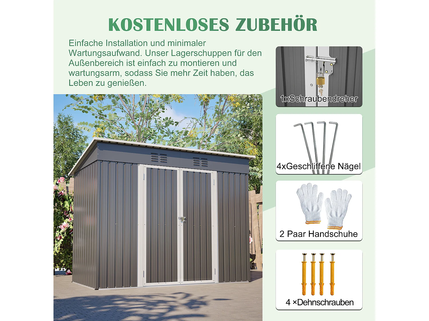 Metalen tuinhuis 229 x 111 cm verzinkt staal, compacte buitenberging met schuifdeur en ventilatie