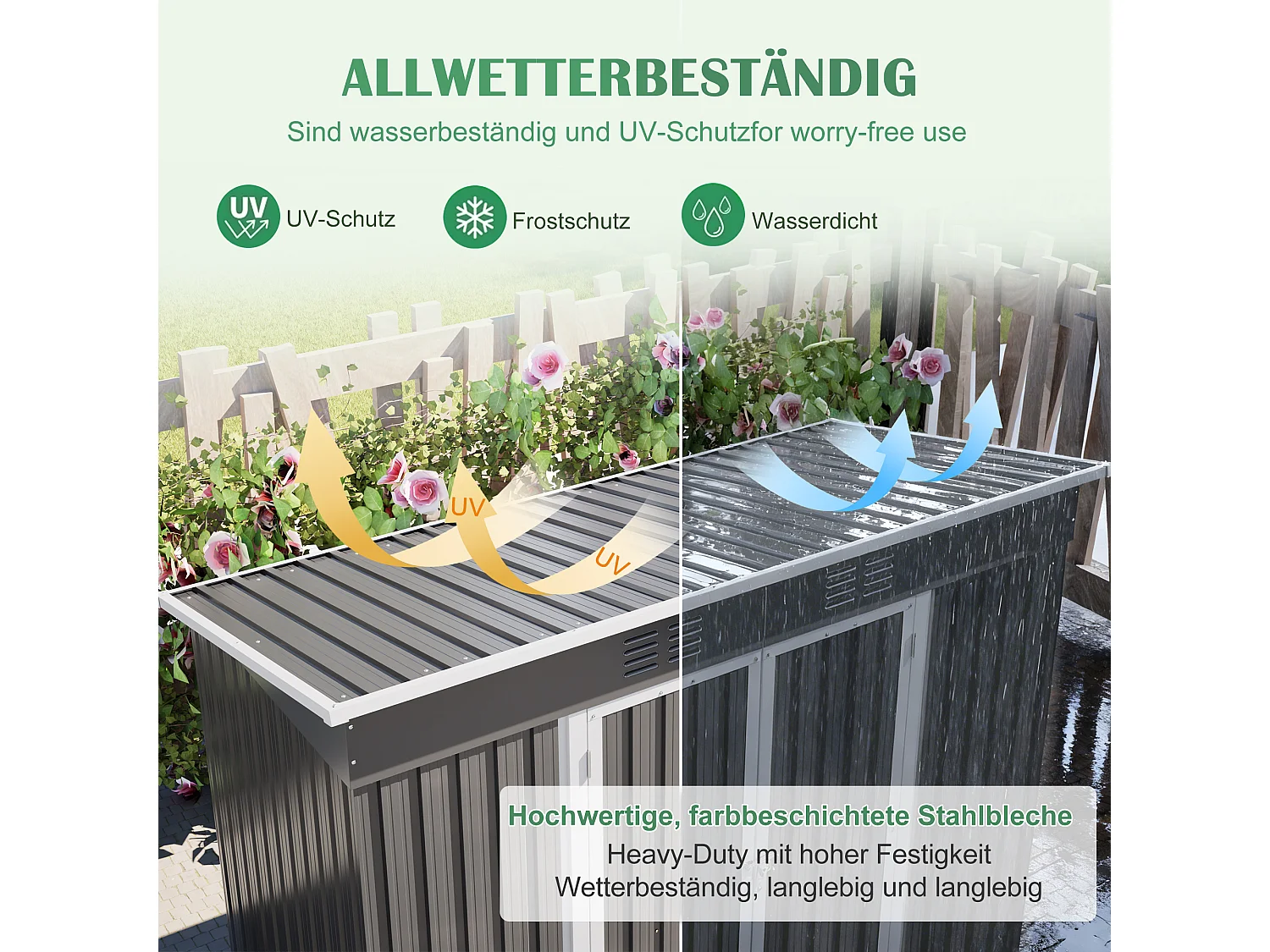 Metalen tuinhuis 229 x 111 cm verzinkt staal, compacte buitenberging met schuifdeur en ventilatie