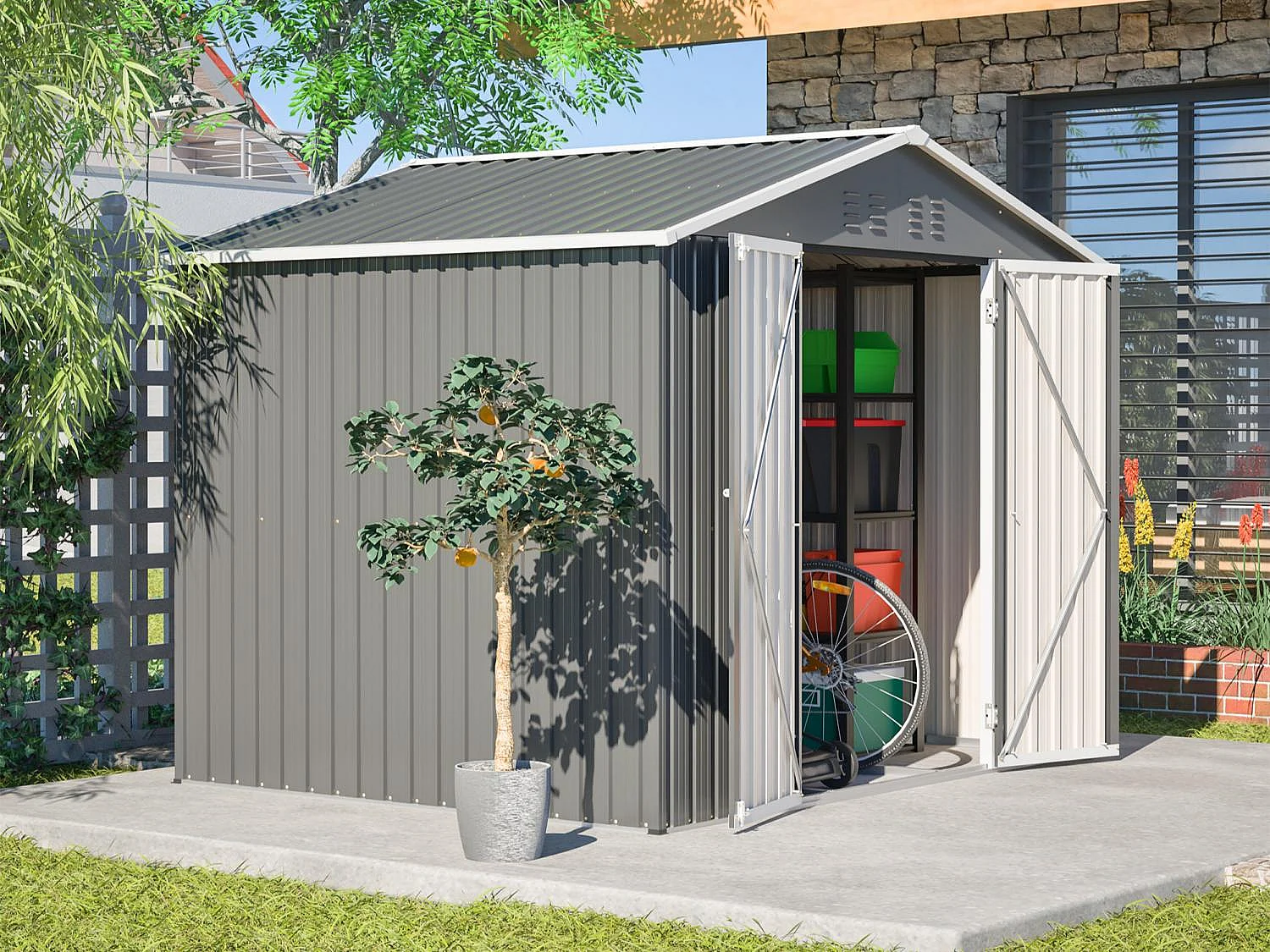 Abri de jardin métallique 240 x 180 cm – acier galvanisé, abri de rangement extérieur avec porte coulissante et ventilation