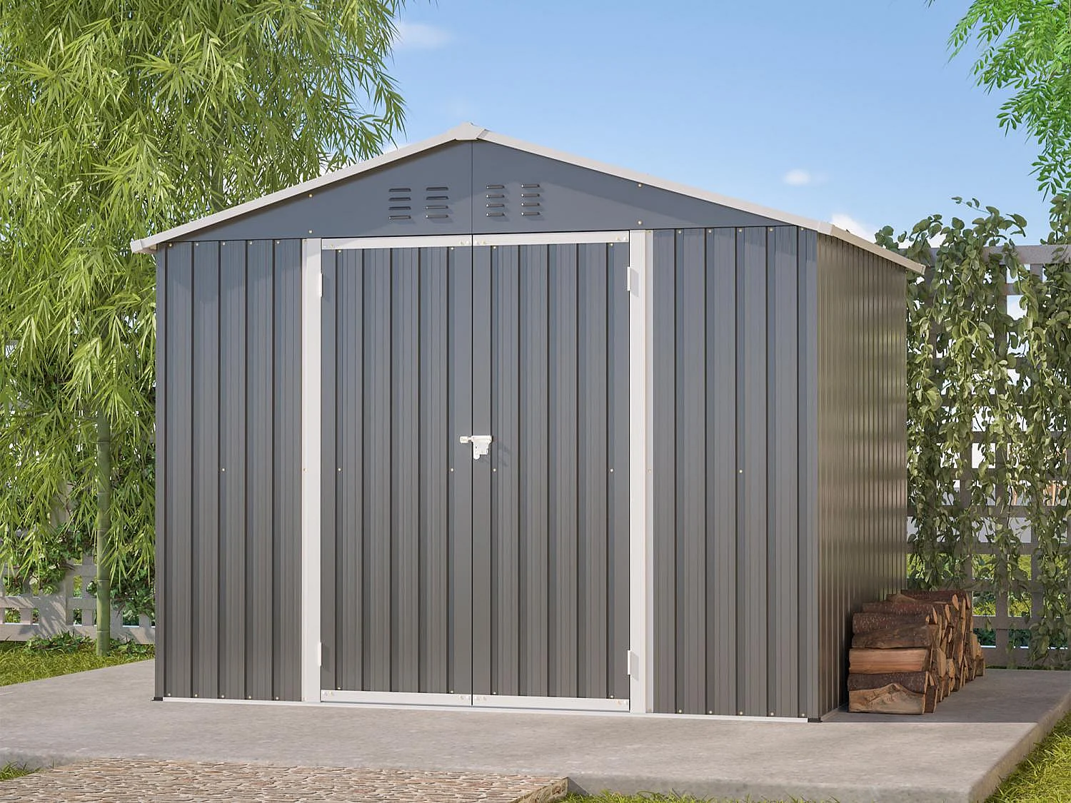 Abri de jardin métallique 240 x 180 cm – acier galvanisé, abri de rangement extérieur avec porte coulissante et ventilation