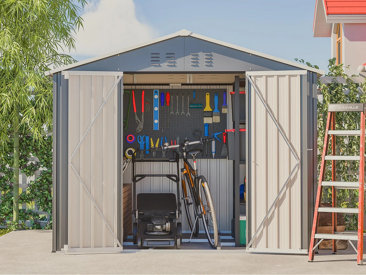 Abri de jardin métallique 240 x 180 cm – acier galvanisé, abri de rangement extérieur avec porte coulissante et ventilation