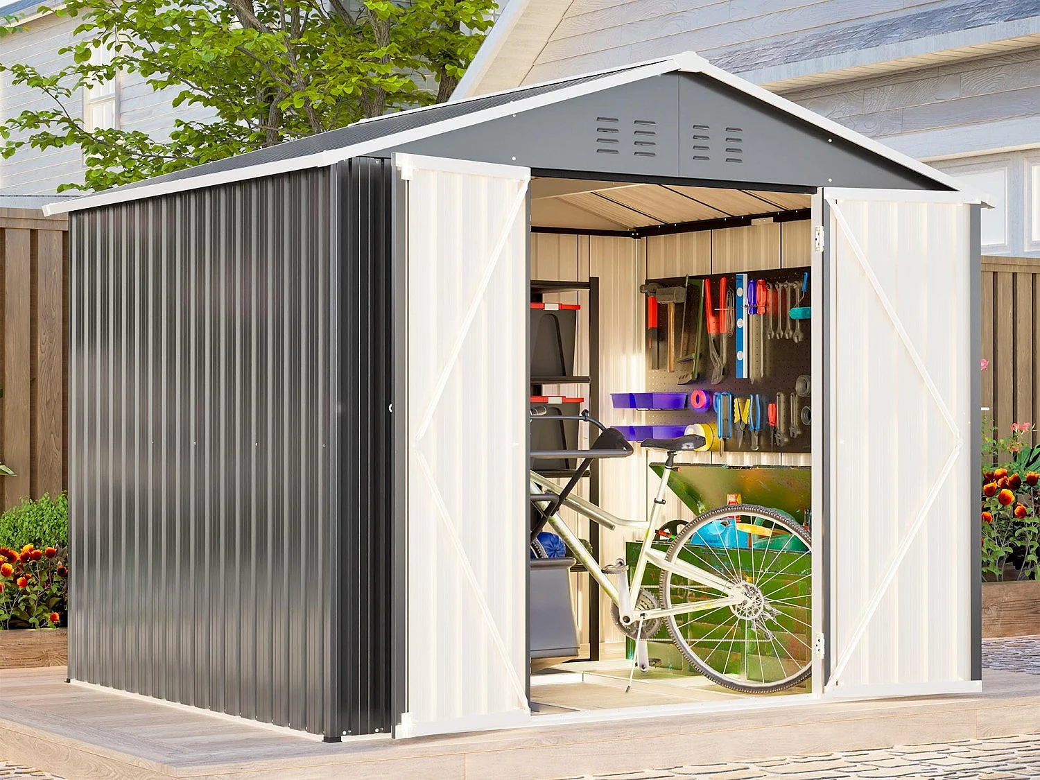 Metalen tuinhuis 240 x 180 cm verzinkt staal, buitenberging met schuifdeur en ventilatie