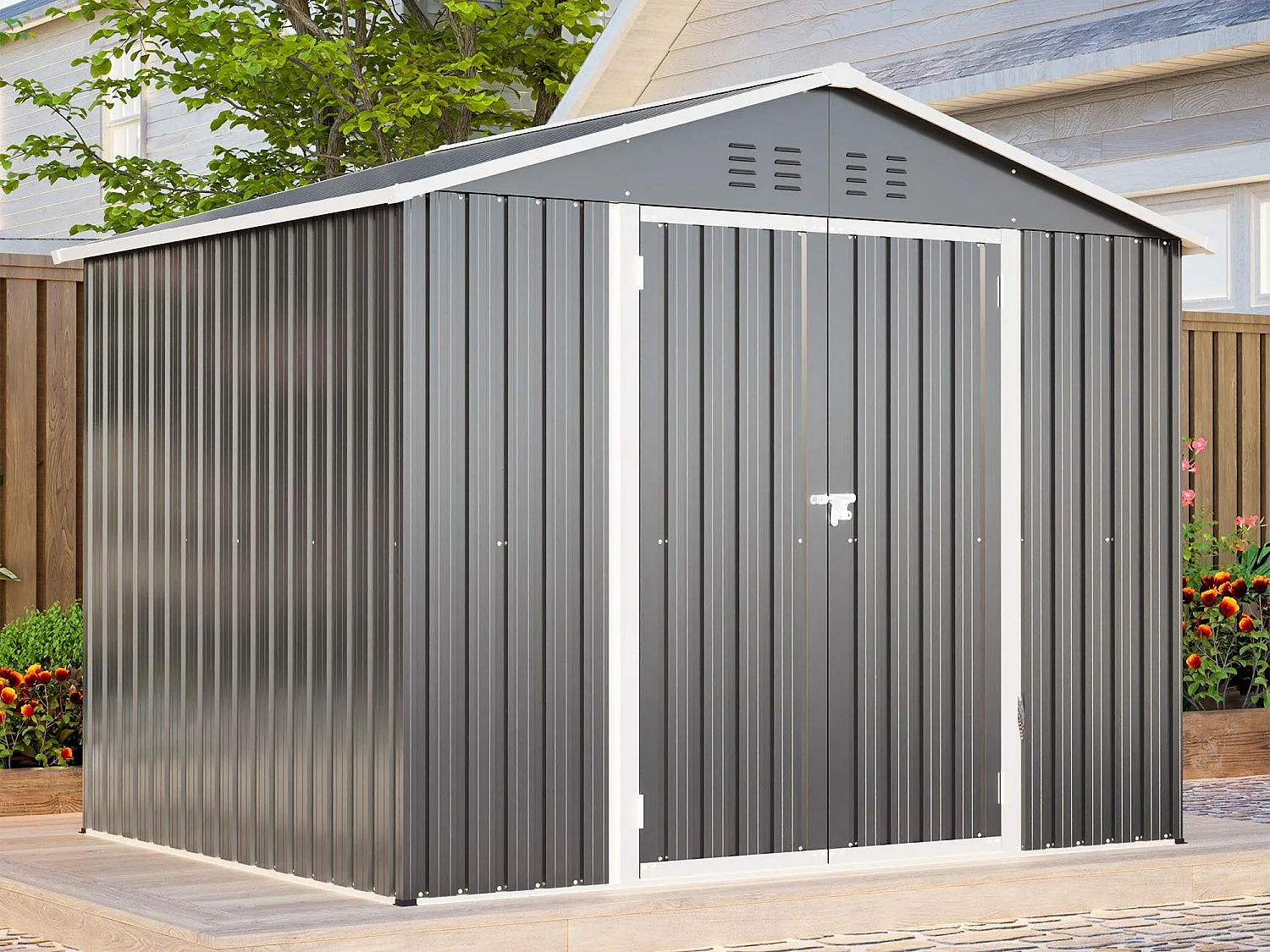Metalen tuinhuis 240 x 180 cm verzinkt staal, buitenberging met schuifdeur en ventilatie