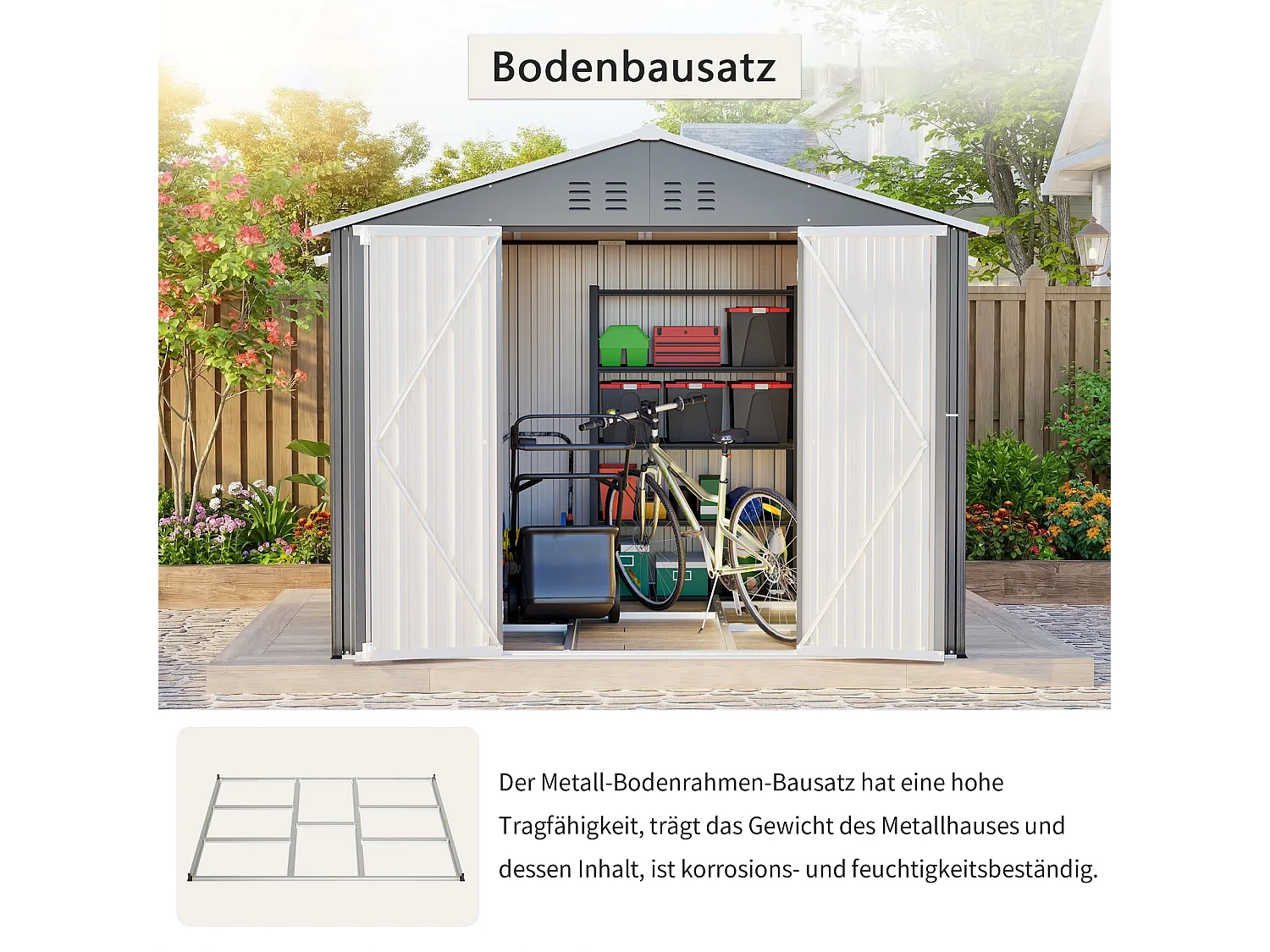 Metalen tuinhuis 240 x 180 cm verzinkt staal, buitenberging met schuifdeur en ventilatie