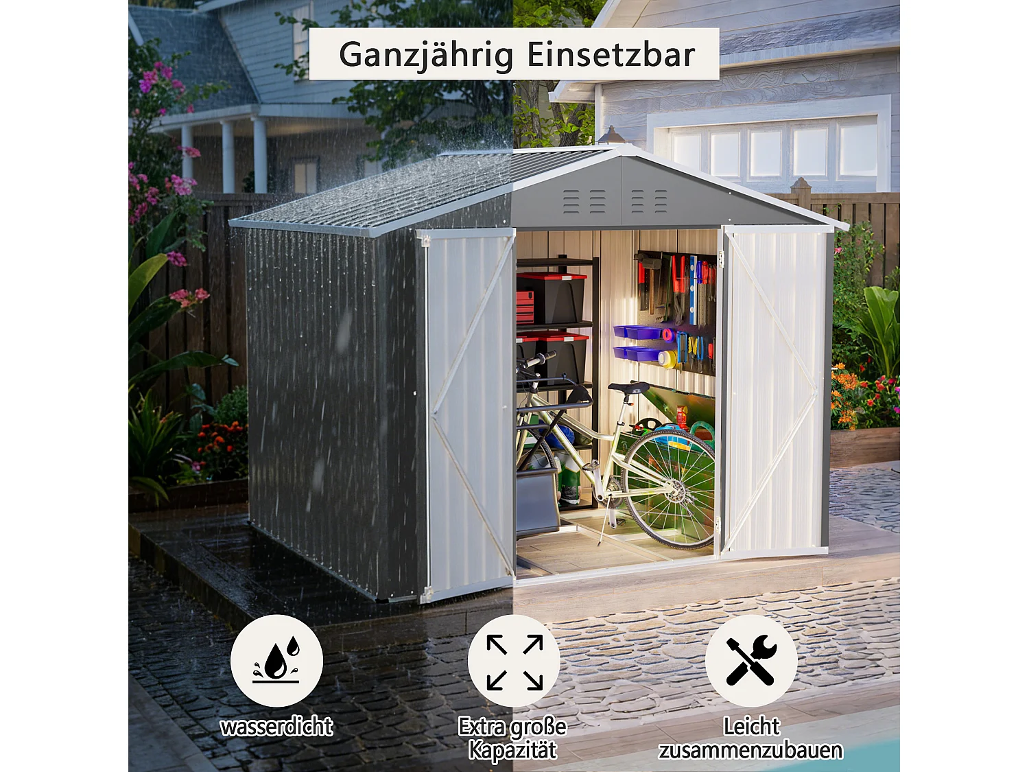 Metalen tuinhuis 240 x 180 cm verzinkt staal, buitenberging met schuifdeur en ventilatie