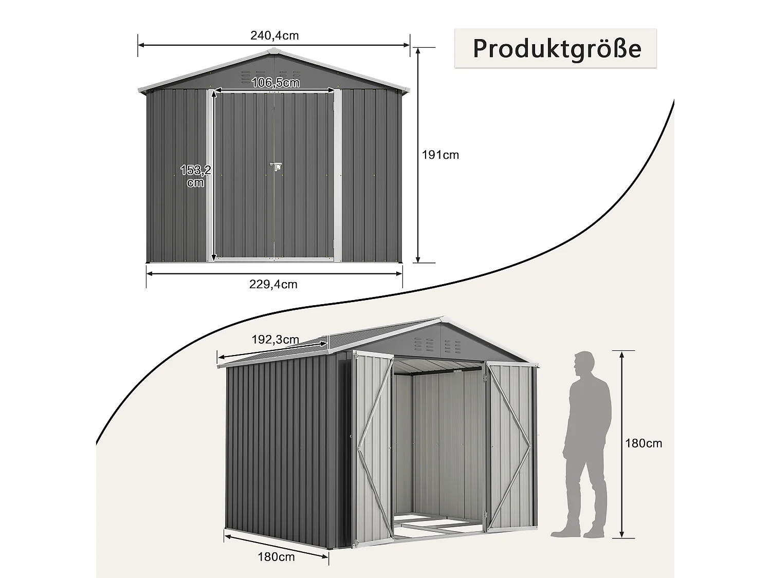 Metalen tuinhuis 240 x 180 cm verzinkt staal, buitenberging met schuifdeur en ventilatie