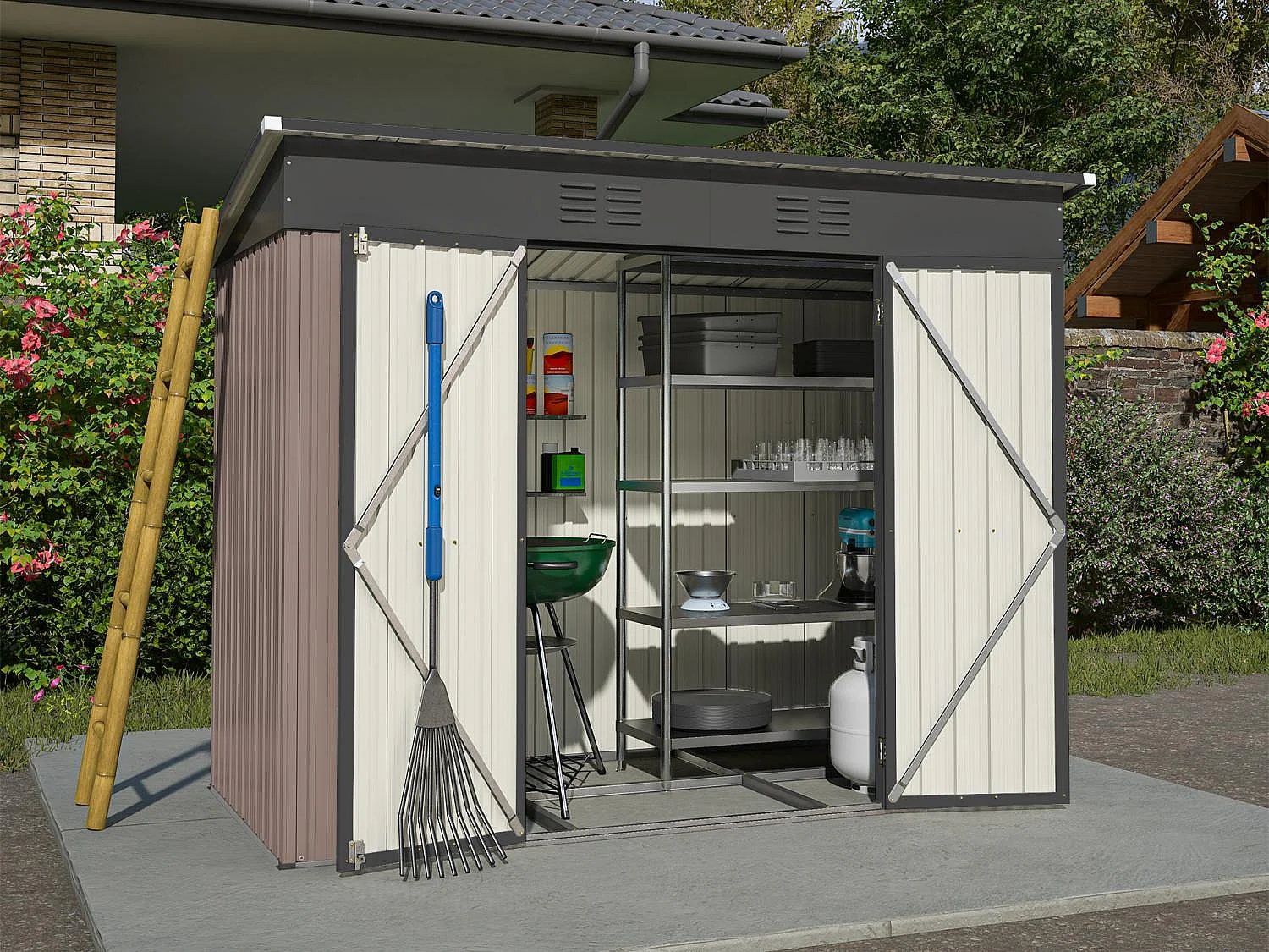 Abri de jardin métallique 240 x 120 cm – acier galvanisé, abri de rangement extérieur compact avec porte coulissante et ventilation