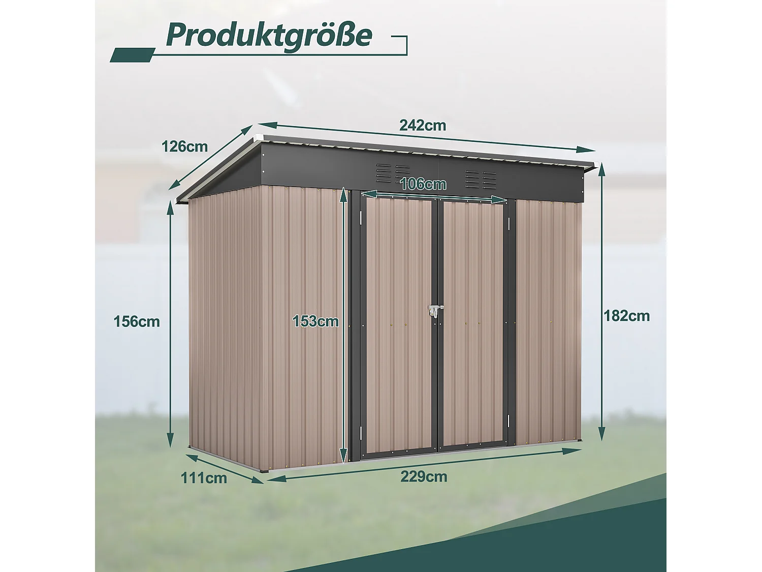 Abri de jardin métallique 240 x 120 cm – acier galvanisé, abri de rangement extérieur compact avec porte coulissante et ventilation