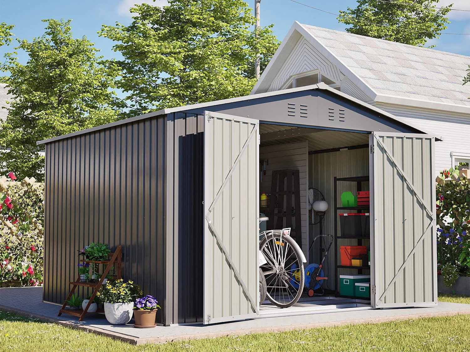 Abri de jardin métallique 240 x 300 cm – acier galvanisé, abri de rangement extérieur compact avec porte coulissante et ventilation