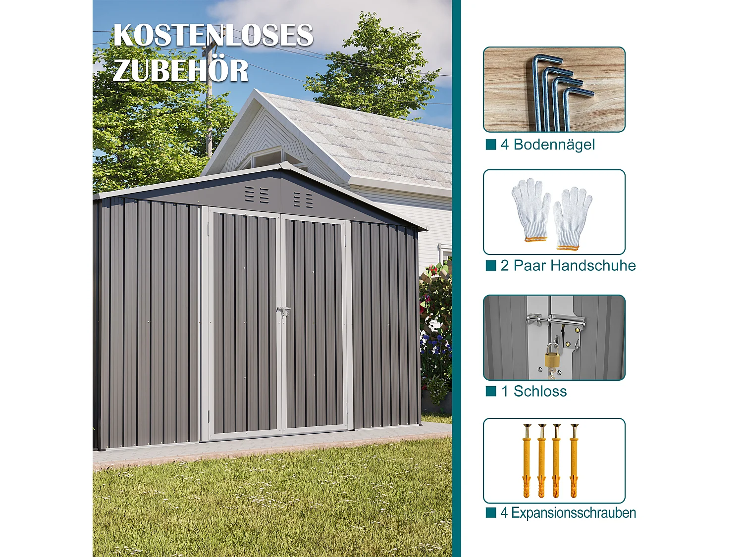 Abri de jardin métallique 240 x 300 cm – acier galvanisé, abri de rangement extérieur compact avec porte coulissante et ventilation