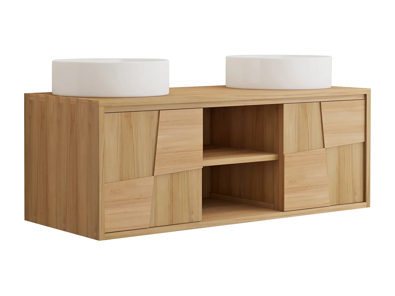 Meuble de salle de bain suspendu en teck avec vasque à poser ronde en céramique - L120 cm - SUMBAWA