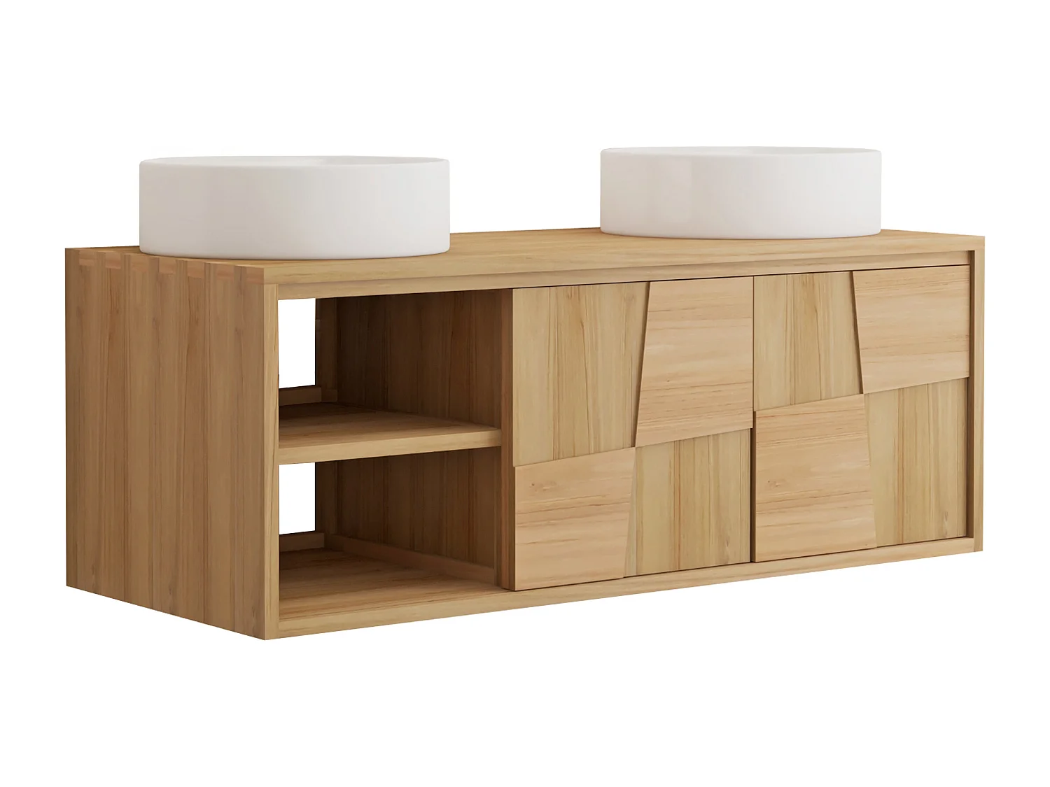 Meuble de salle de bain suspendu en teck avec vasque à poser ronde en céramique - L120 cm - SUMBAWA