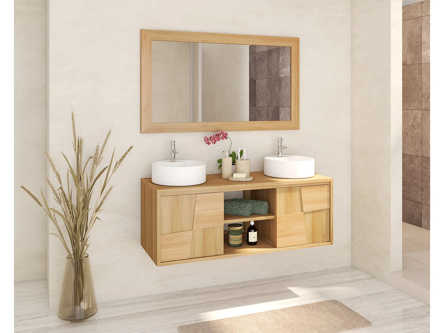 Meuble de salle de bain suspendu en teck avec vasque à poser ronde en céramique - L120 cm - SUMBAWA