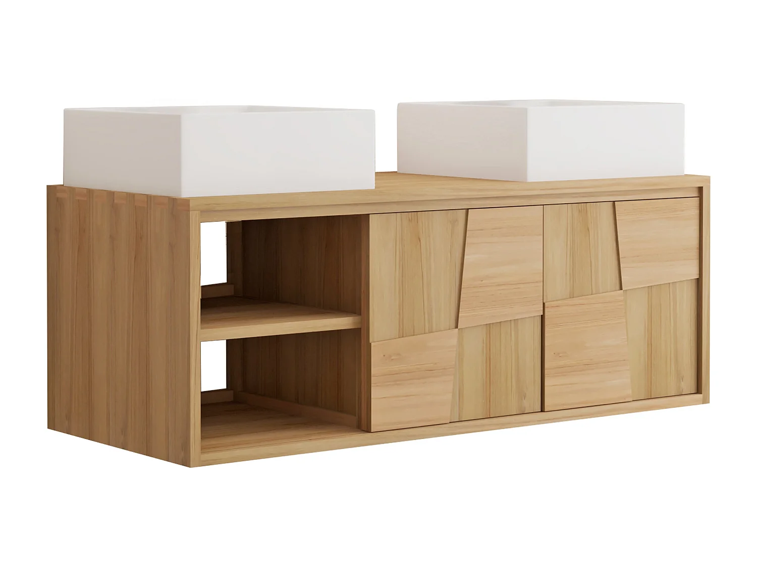 Meuble de salle de bain suspendu en teck avec double vasque à poser carrée en céramique - L120 cm - SUMBAWA