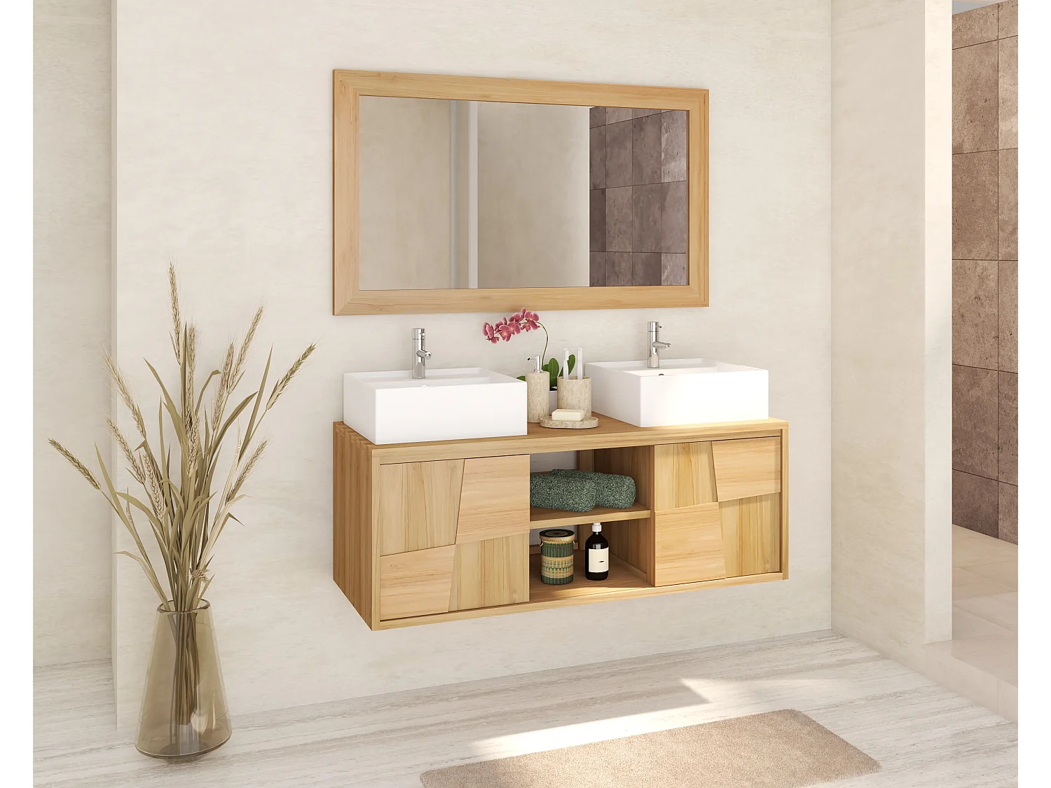 Meuble de salle de bain suspendu en teck avec double vasque à poser carrée en céramique - L120 cm - SUMBAWA
