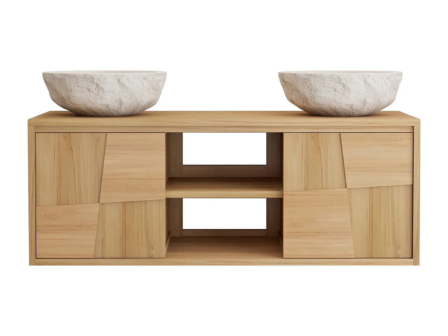 Meuble de salle de bain suspendu en teck avec double vasque à poser ronde en marbre couleur crème - L120 cm - SUMBAWA