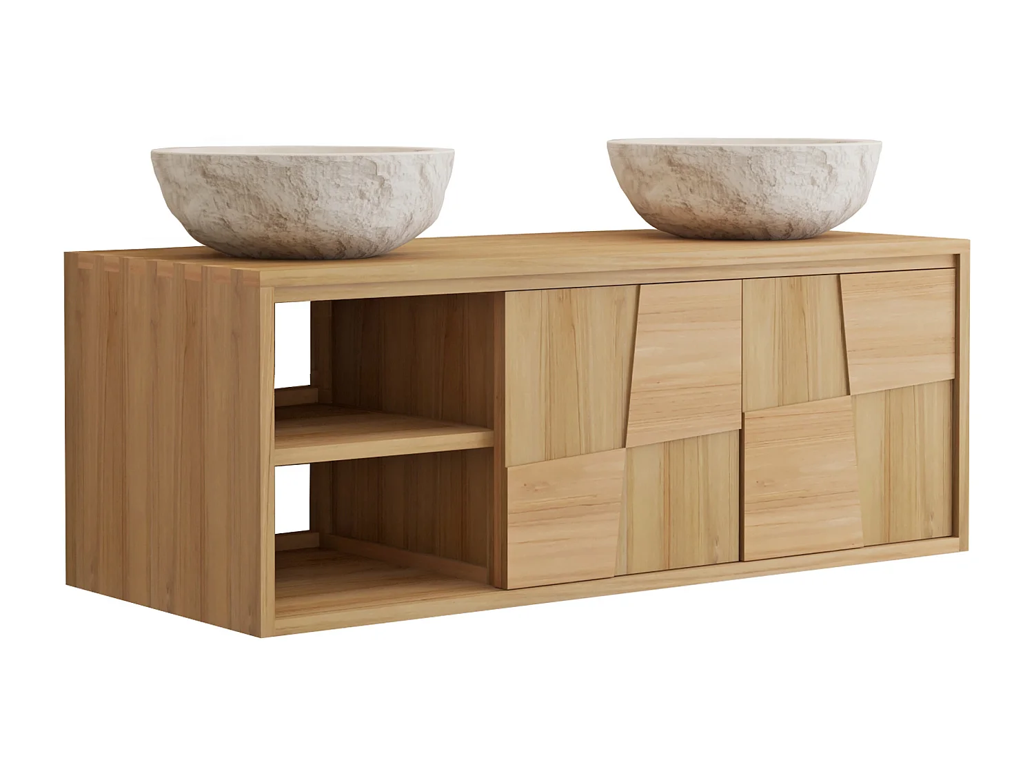 Meuble de salle de bain suspendu en teck avec double vasque à poser ronde en marbre couleur crème - L120 cm - SUMBAWA