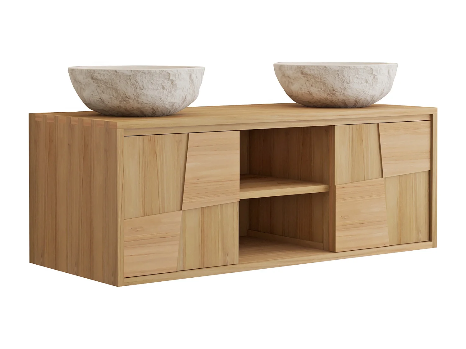 Meuble de salle de bain suspendu en teck avec double vasque à poser ronde en marbre couleur crème - L120 cm - SUMBAWA