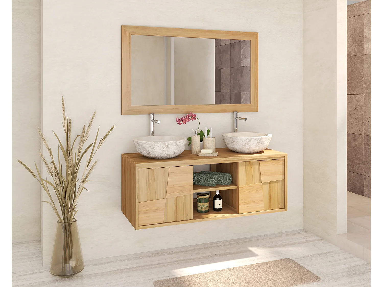 Meuble de salle de bain suspendu en teck avec double vasque à poser ronde en marbre couleur crème - L120 cm - SUMBAWA