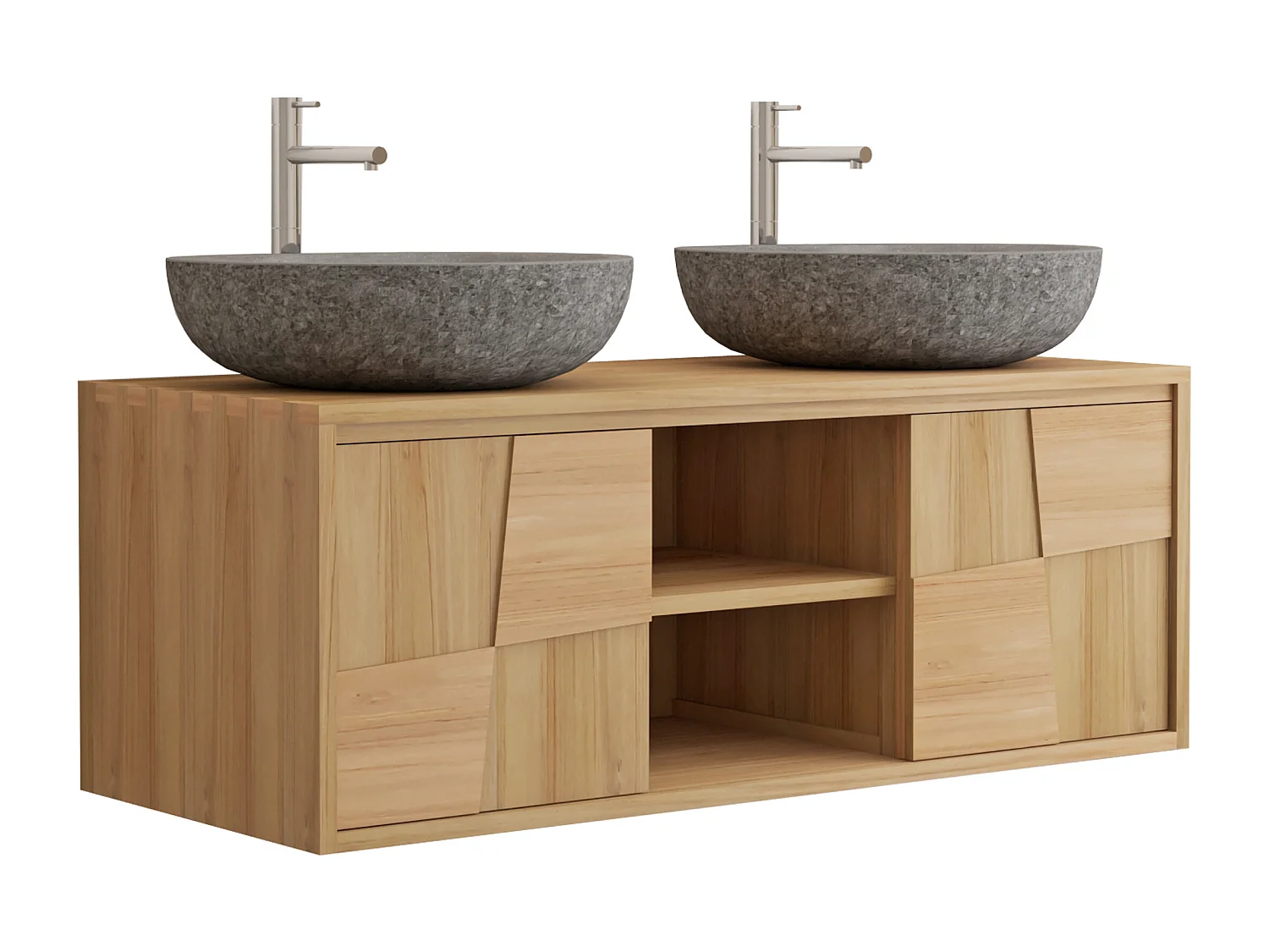 Meuble de salle de bain suspendu en teck avec double vasque à poser ronde en pierre de rivière grise - L120 cm - SUMBAWA