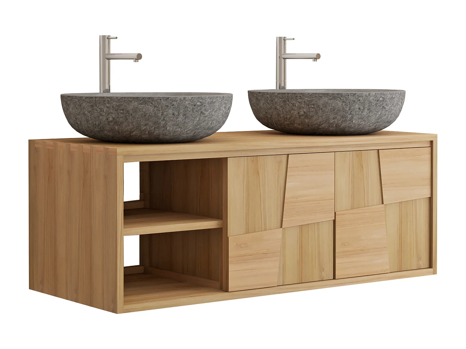 Meuble de salle de bain suspendu en teck avec double vasque à poser ronde en pierre de rivière grise - L120 cm - SUMBAWA