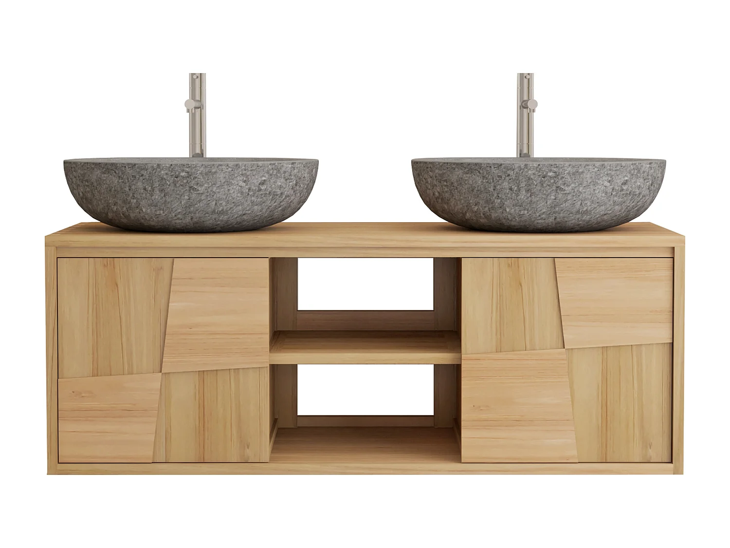 Meuble de salle de bain suspendu en teck avec double vasque à poser ronde en pierre de rivière grise - L120 cm - SUMBAWA