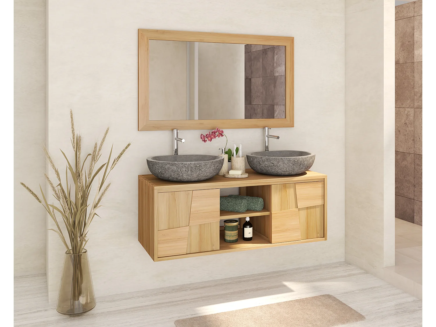 Meuble de salle de bain suspendu en teck avec double vasque à poser ronde en pierre de rivière grise - L120 cm - SUMBAWA