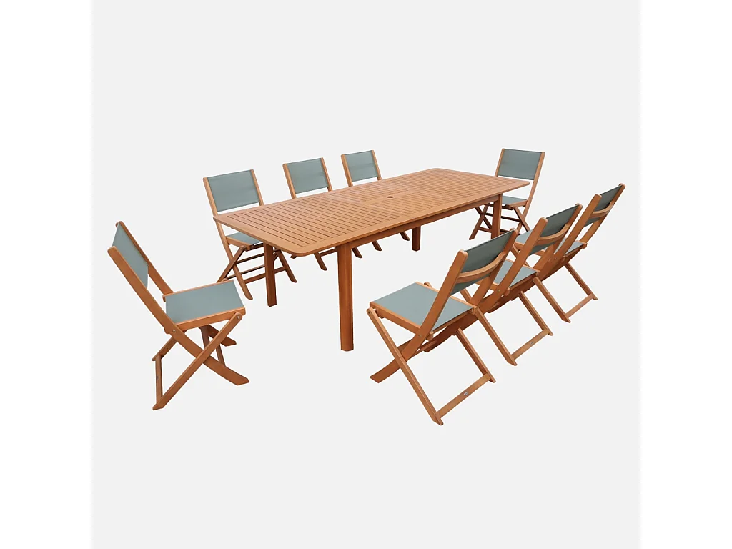 Set tavolo da giardino estensibile in legno di eucalipto con 8 sedie,