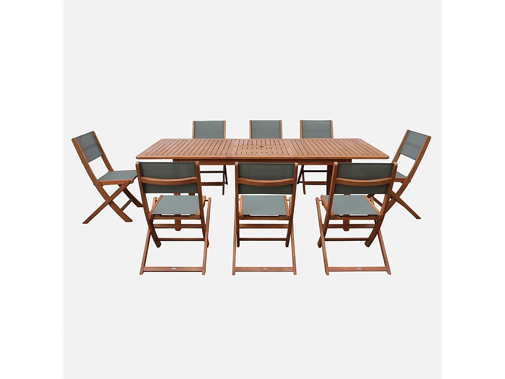 Set tavolo da giardino estensibile in legno di eucalipto con 8 sedie,