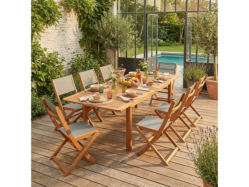 Set tavolo da giardino estensibile in legno di eucalipto con 8 sedie,
