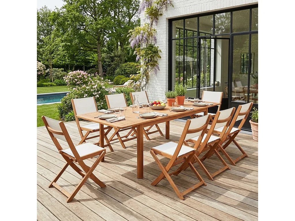Set tavolo da giardino estensibile in legno di eucalipto con 8 sedie,