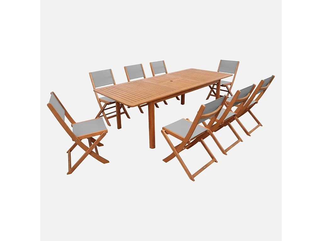 Set tavolo da giardino estensibile in legno di eucalipto con 8 sedie,
