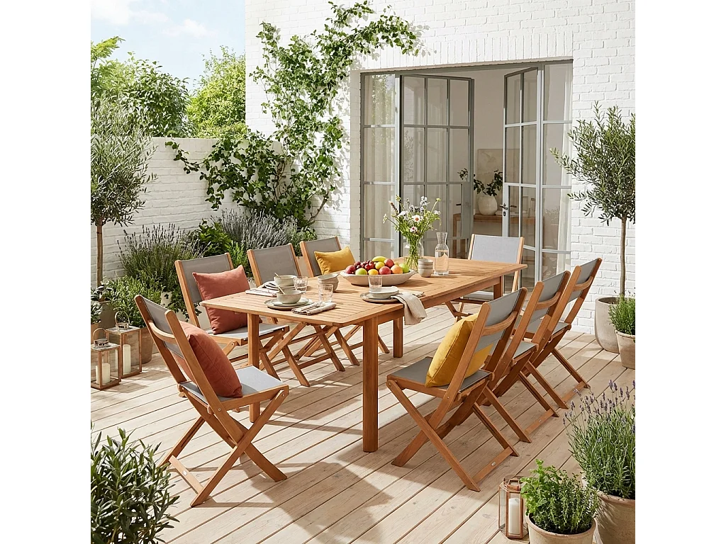 Set tavolo da giardino estensibile in legno di eucalipto con 8 sedie,