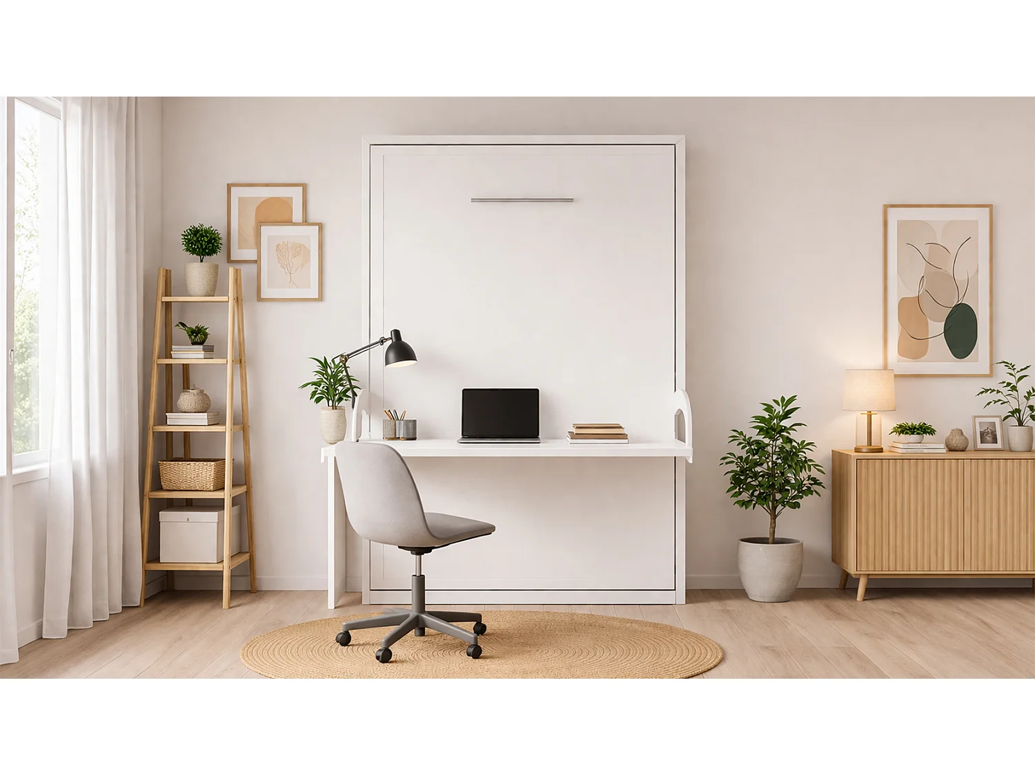 Lit escamotable vertical avec bureau blanc mat 90x190 HONFLEUR