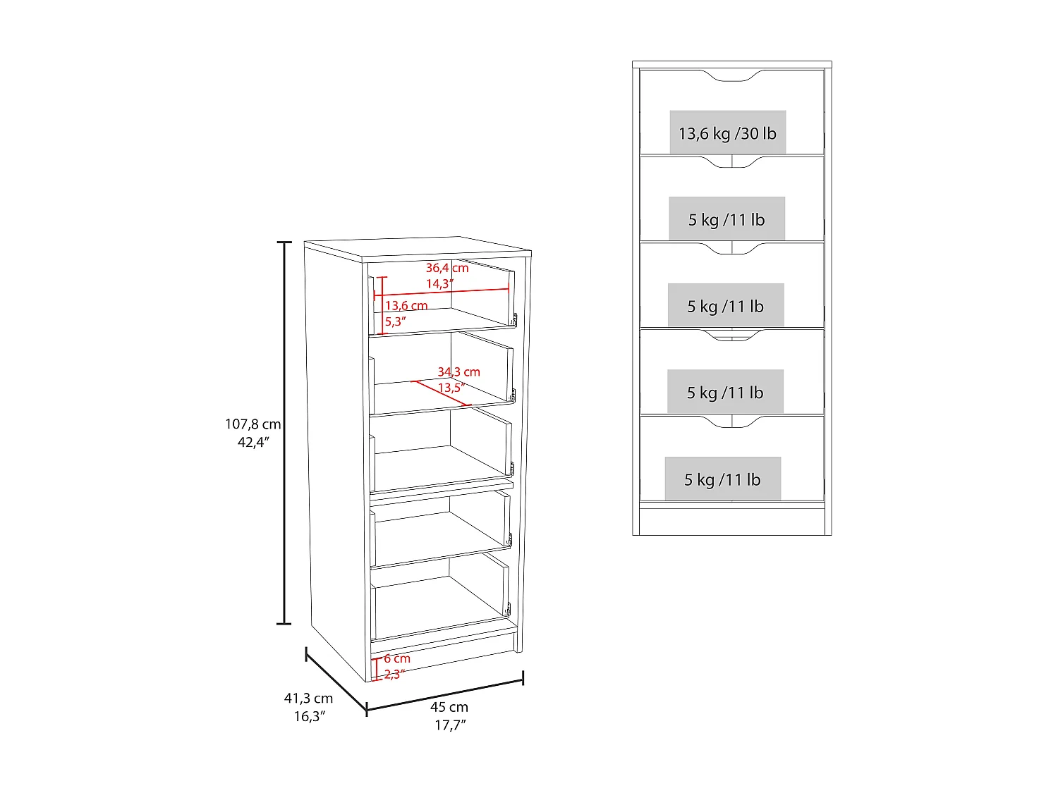 Cómoda Basilea de 5 Cajones Estrecha