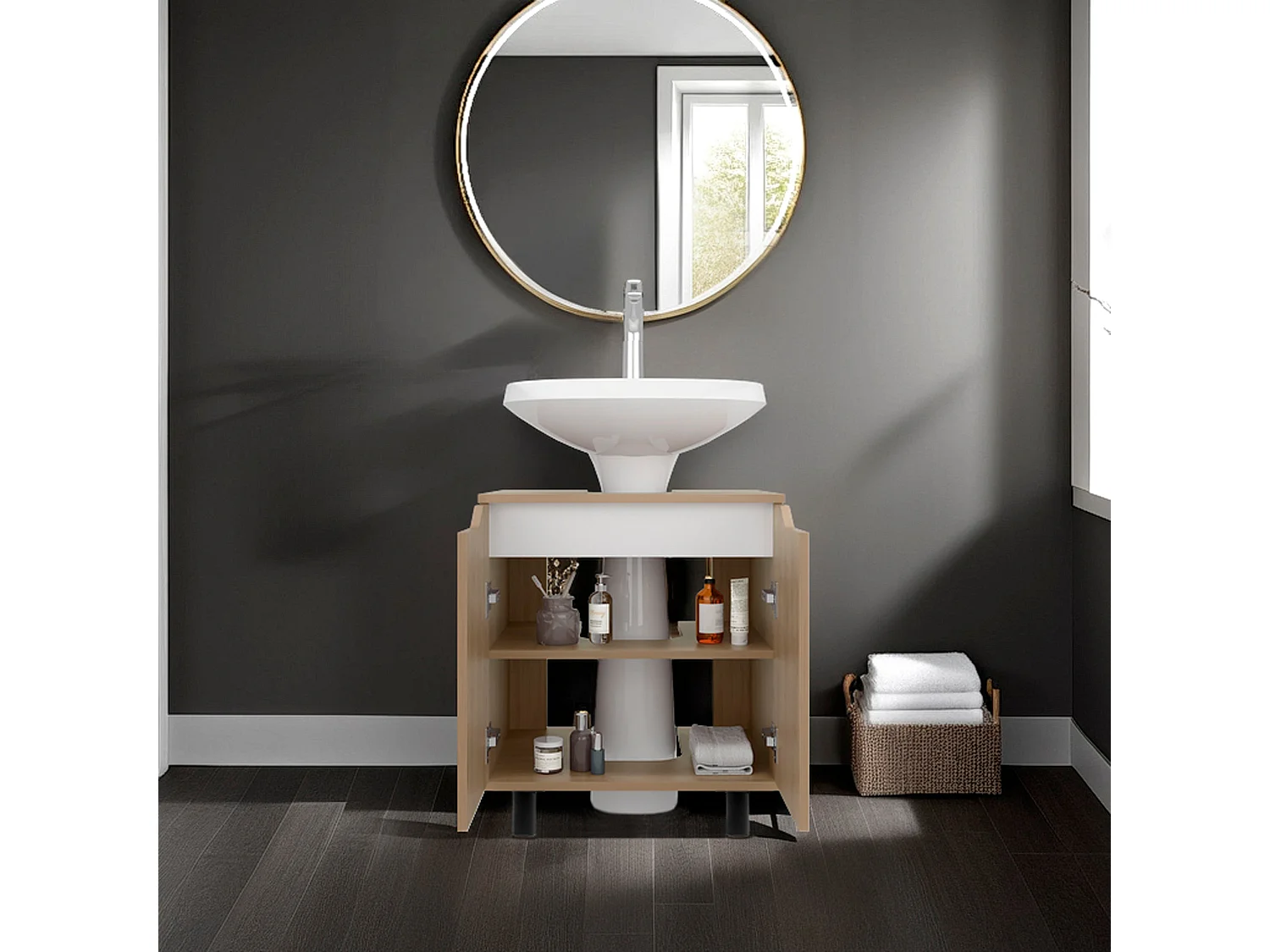 Jerome gabinete bajo lavamanos con estantes abiertos para baño