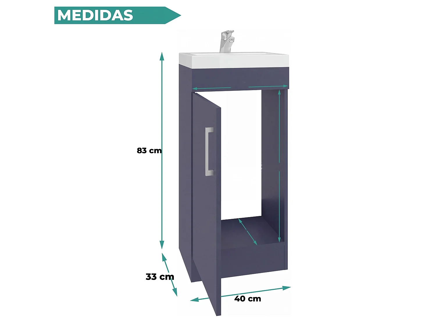 Mobile bagno Madrid da 40 cm con lavabo, rubinetto e 1 anta, blu